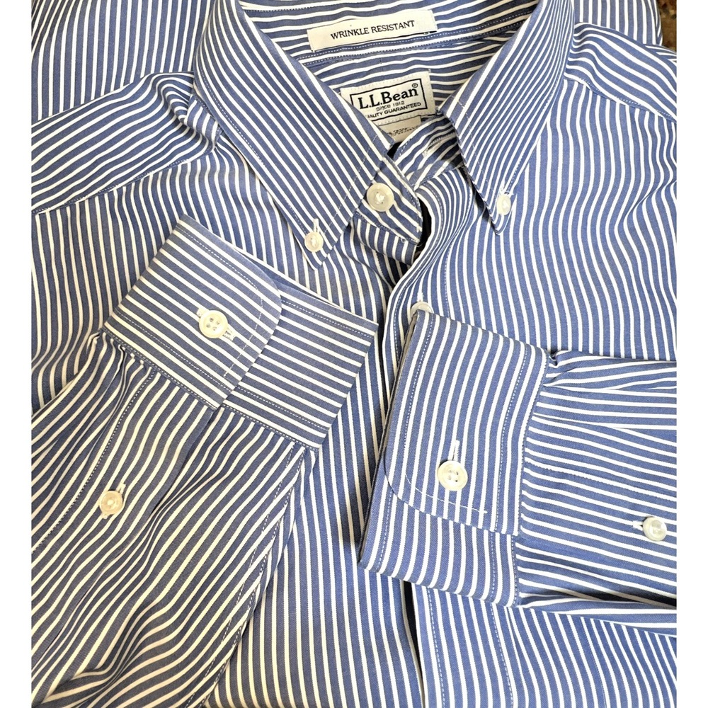 L.L. Bean Mens Wrinkle Resistant Blue & White Striped Button Shirt SZ 15.5-32‎ - Picture 7 of 13